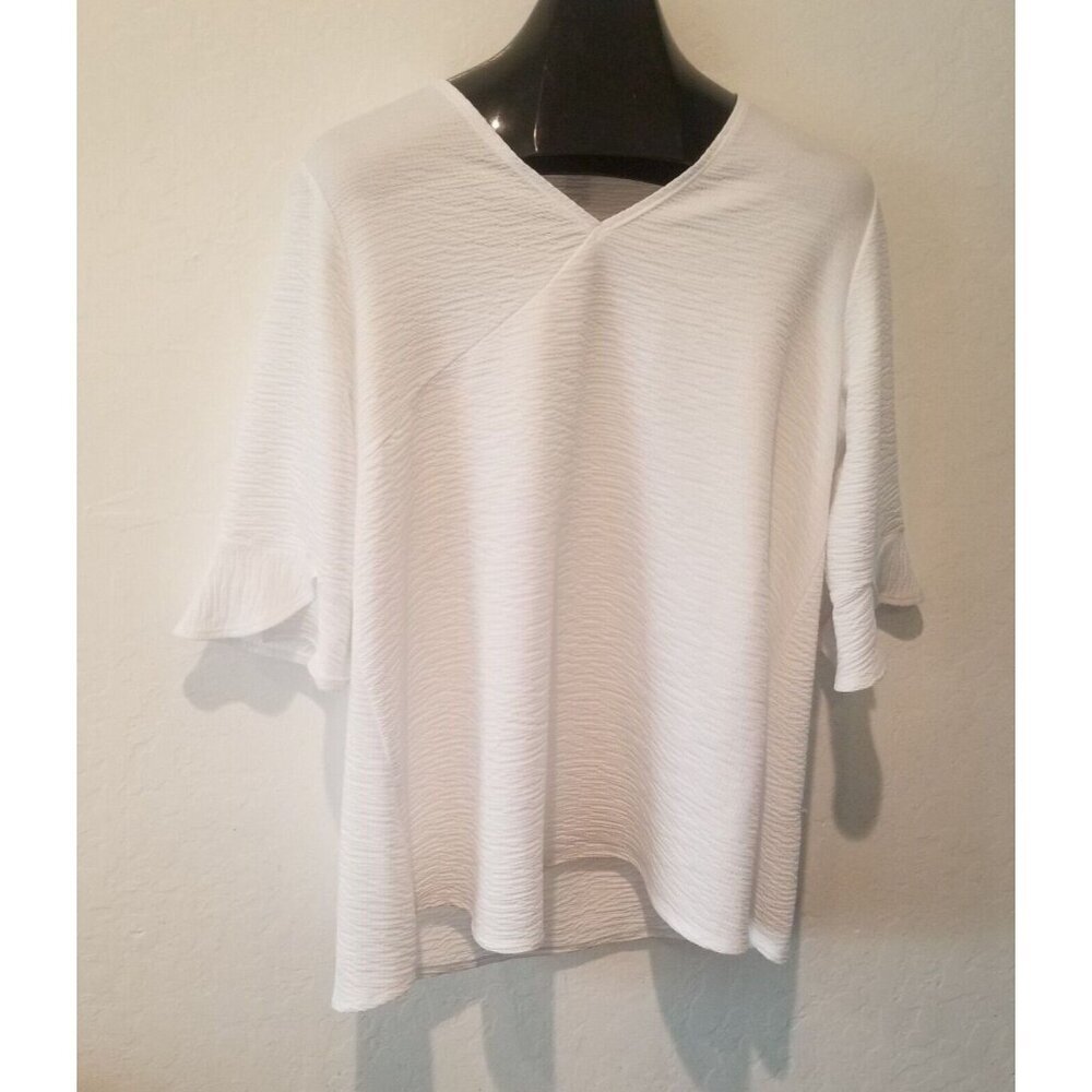Clara Sun Woo Womens White Textured Knit V-Neck Tulip Sleeve Tunic Top Size 1X